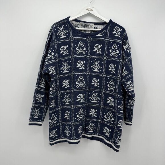 Cabin Creek Vintage Blue Multi Floral Sweater Granny Size 1X - Picture 1 of 8